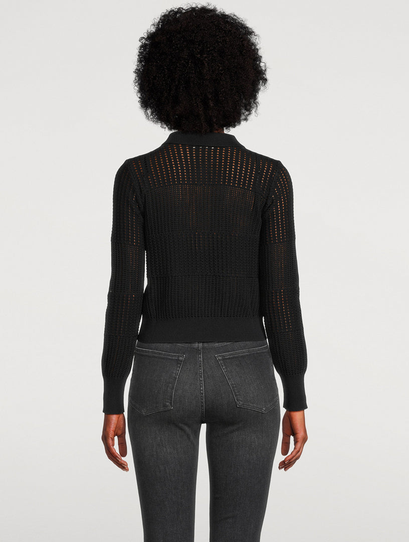 FRAME Shrunken Crochet Polo Cardigan, Large
