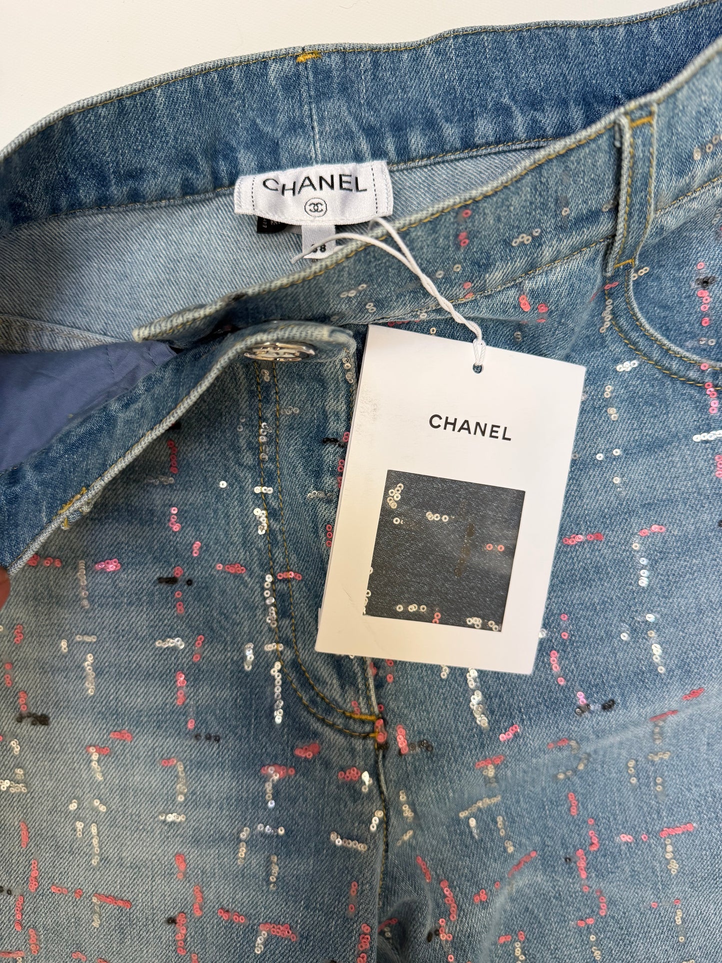 CHANEL NWT washed blue cotton 23A DAKAR SEQUIN WIDE JEANS Pants, SIZE 38