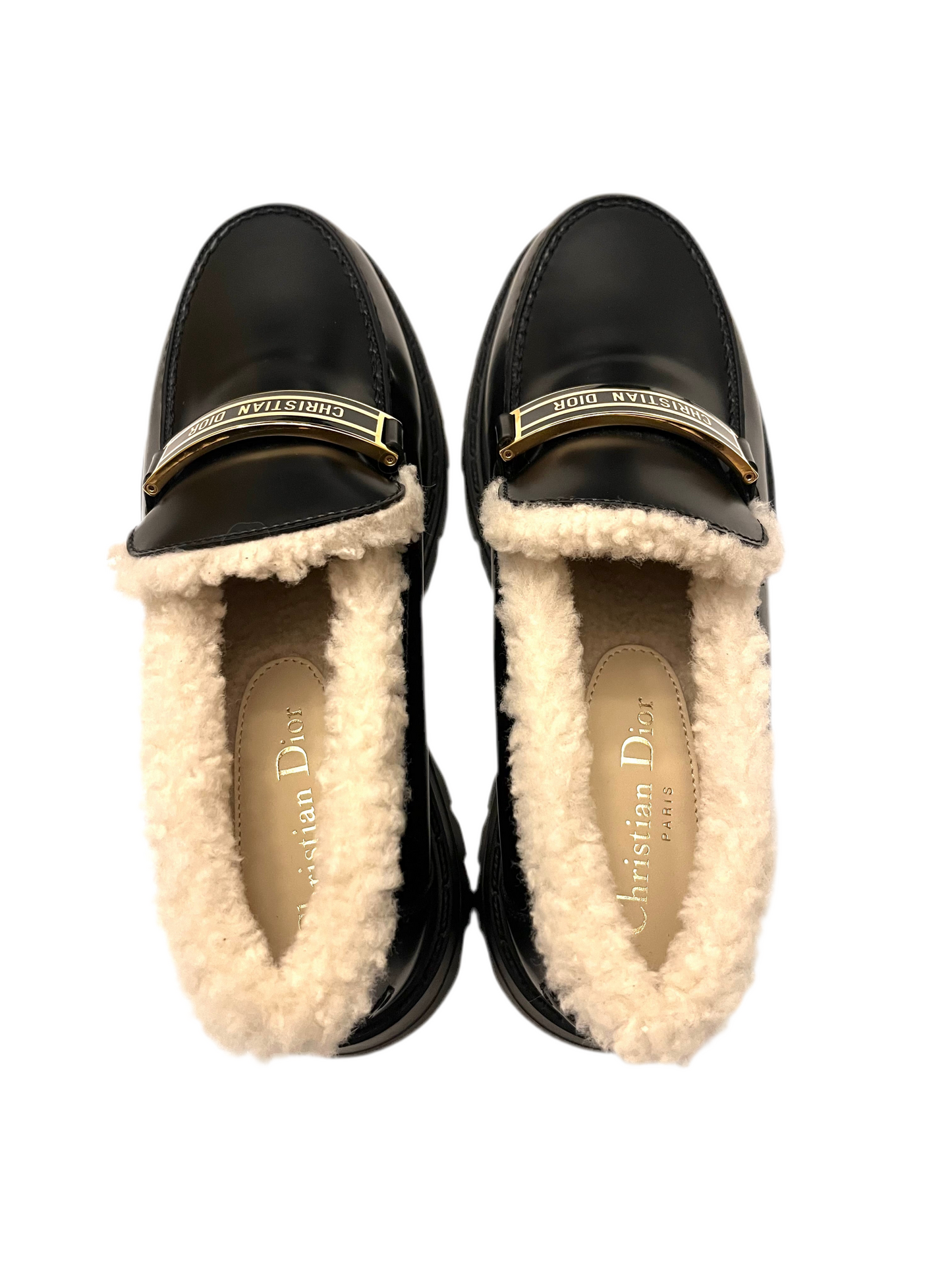 Christian Dior Black Brushed Calfskin Leather and Shearling Dior Code Loafers - 36.5