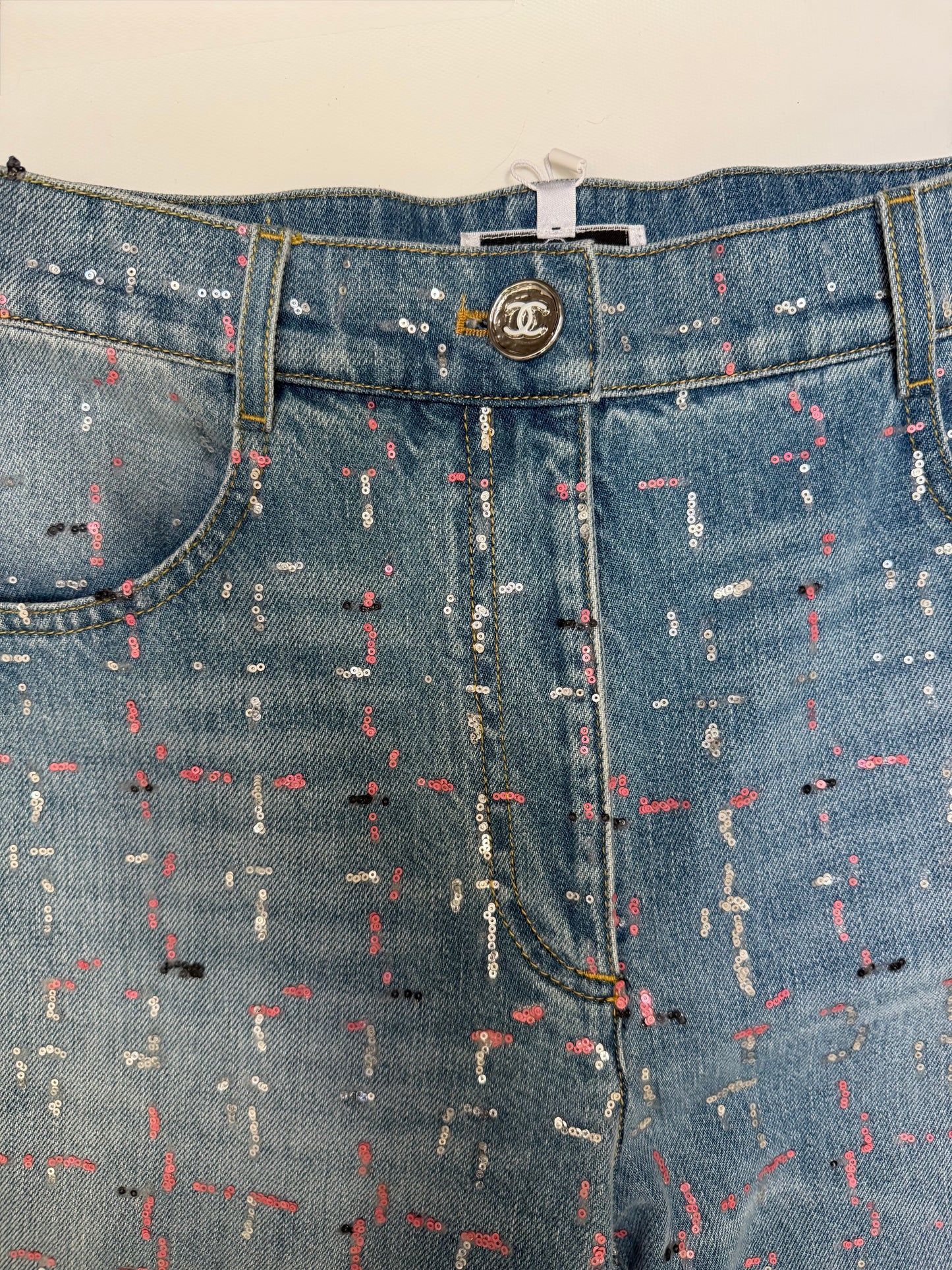 CHANEL NWT washed blue cotton 23A DAKAR SEQUIN WIDE JEANS Pants, SIZE 38
