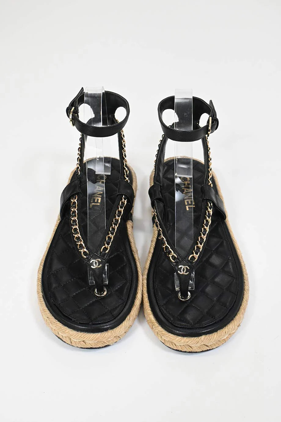 Chanel Black lambskin leather and gold-tone chain CC espadrille thong sandals, Size 39