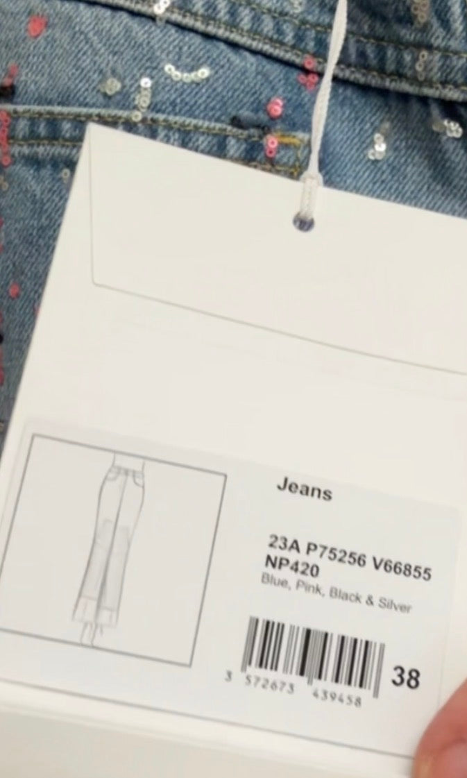 CHANEL NWT washed blue cotton 23A DAKAR SEQUIN WIDE JEANS Pants, SIZE 38