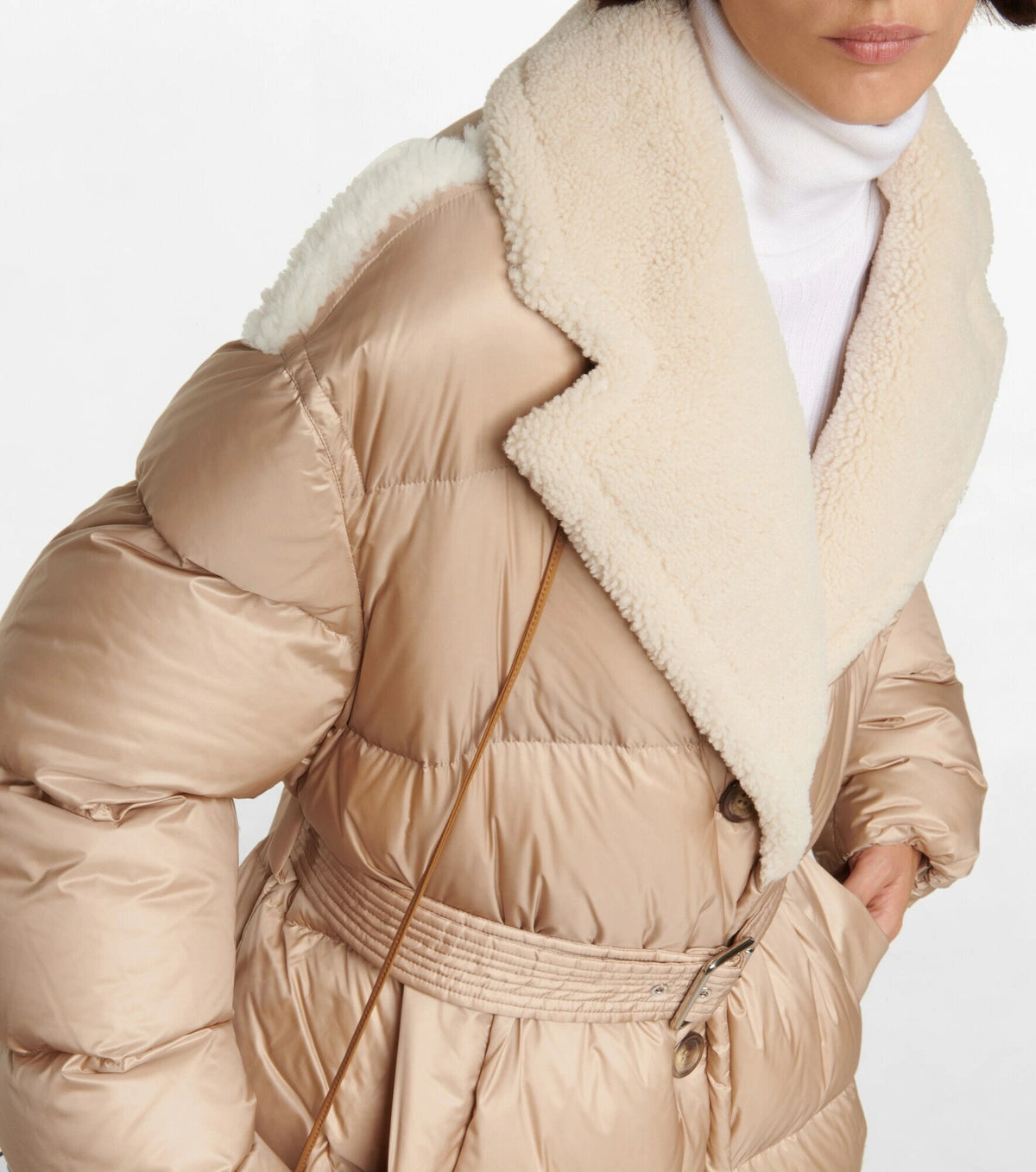 Moncler Mainline Gourguet
Belted Sheep-Trim Coat, Size 1