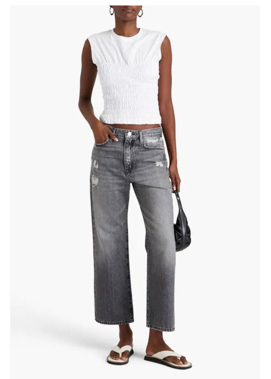 FRAME Le Jane Cropped Distressed High-Rise Straight-Leg Jeans, Size 27