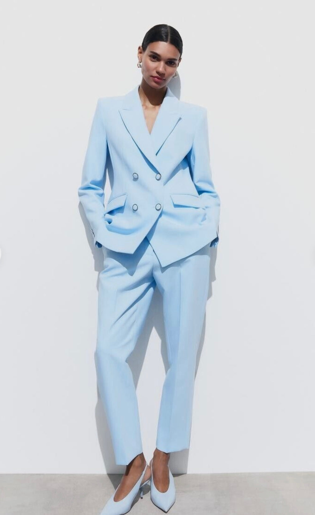 ZARA Woman Baby Blue Suit Double Breasted Blazer Pants Elegant