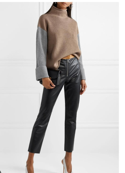 Victoria, Victoria Beckham
Women's Brown Color-block Ribbed Merino Wool Turtleneck Sweater,MEDIUM