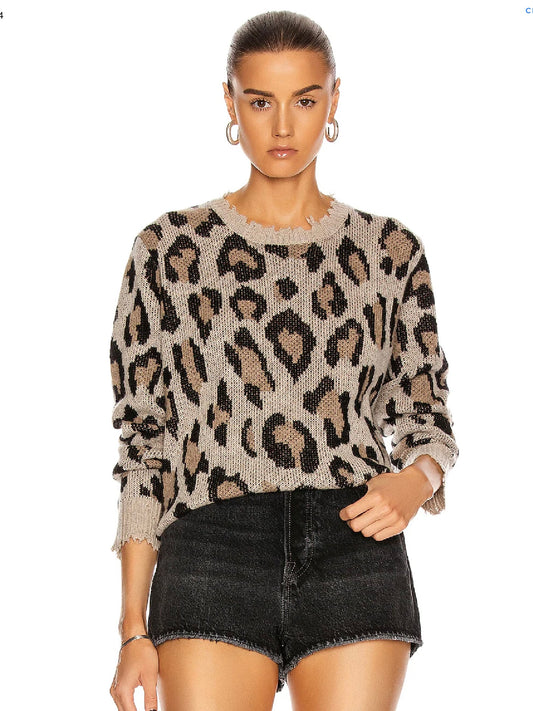 R13 Leopard Cashmere Crewneck Sweater, XSMALL