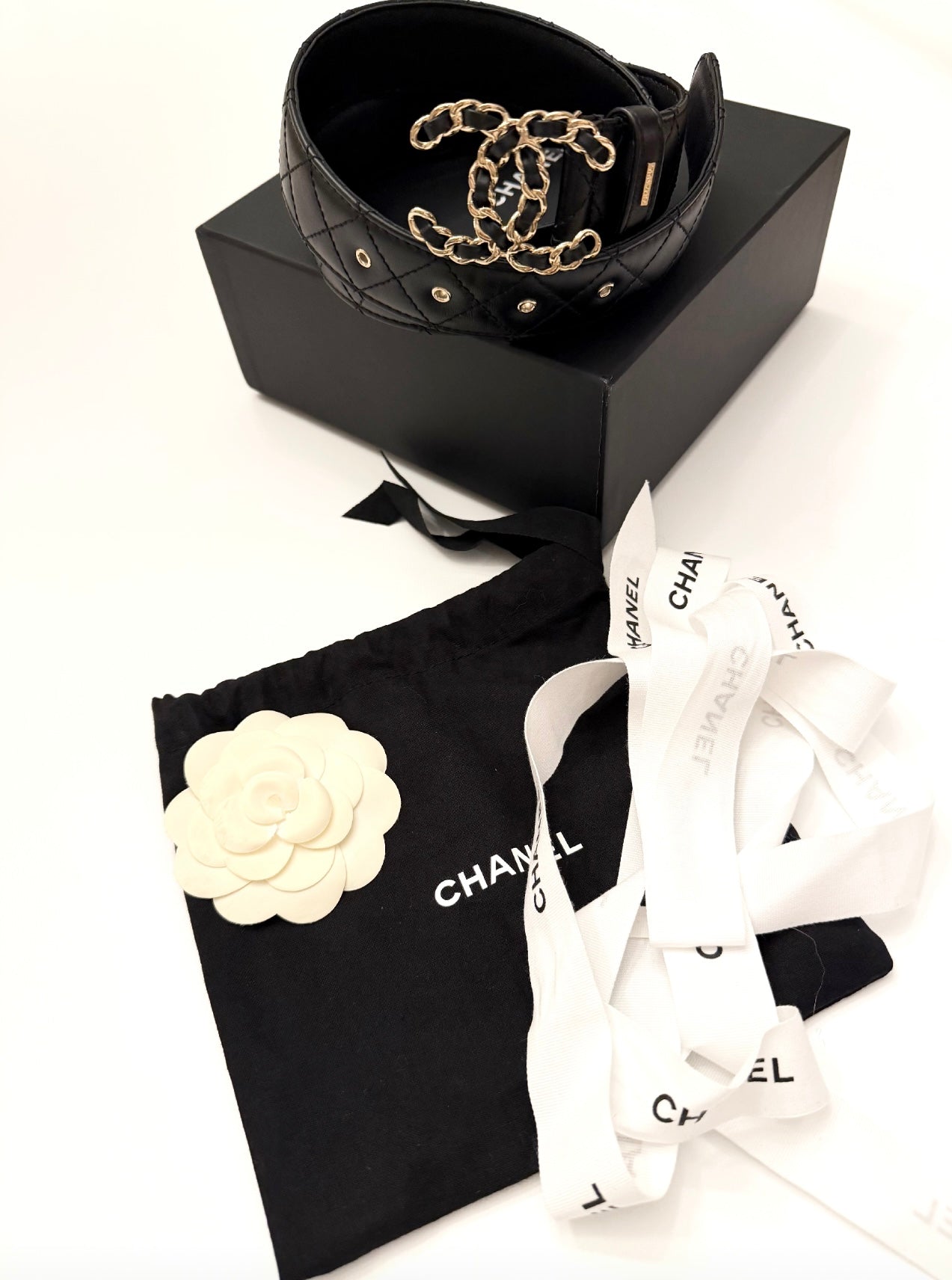 CHANEL BLACK CALFSKIN QUILTED CC CHAIN BELT SIZE 80/32
