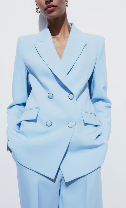 ZARA Woman Baby Blue Suit Double Breasted Blazer Pants Elegant