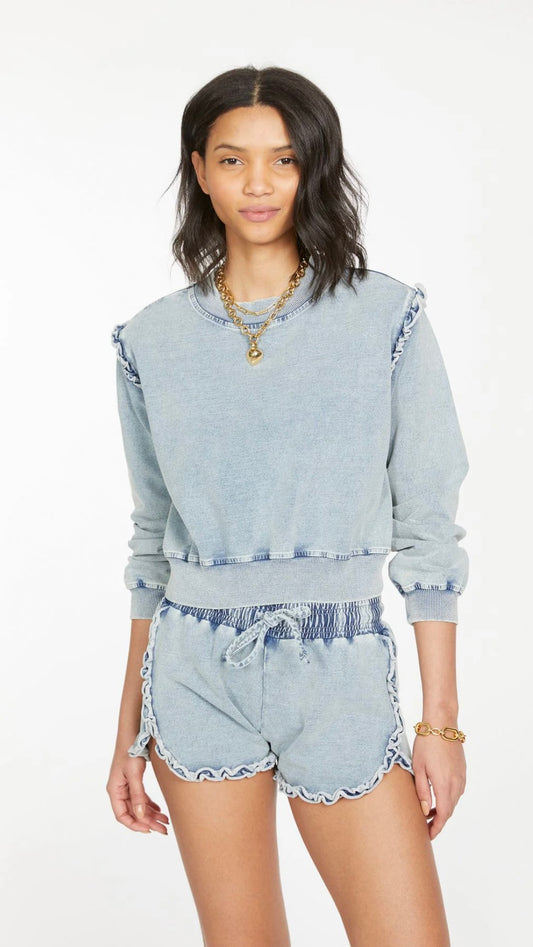 Generation Love Zoe Denim Ruffle Sweatshirt & Shorts- Light Denim Wash, xsmall