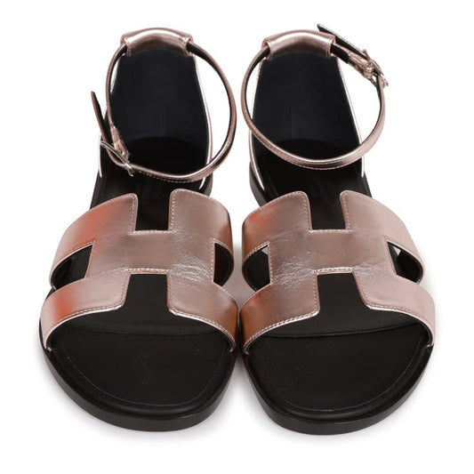 HERMES Metallic Nappa Santorini Sandals Rose Doré,Size 38.5