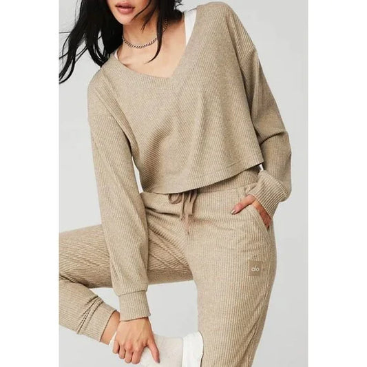 ALO Sports Set Muse Crop top & Jogger Sweatpant Suit Ribbed Knit Women Wear, XSMALL