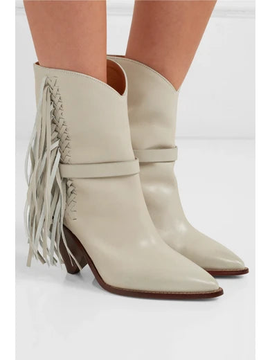 ISABEL MARANT Loffen Fringed Leather Ankle Boots In White, Size 37