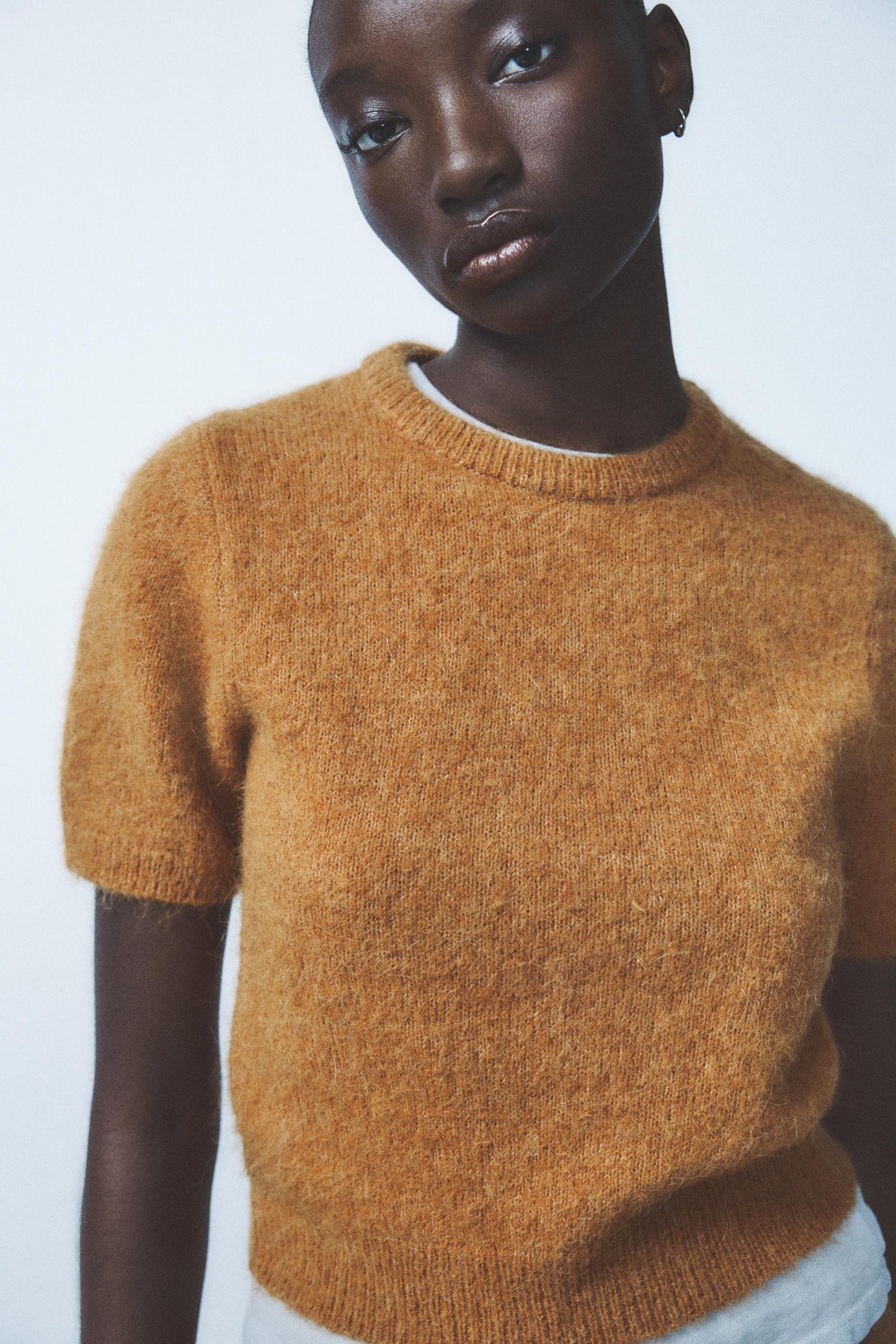 Zara Short Sleeve Fuzzy Mustard Yellow Sweater, SMALL