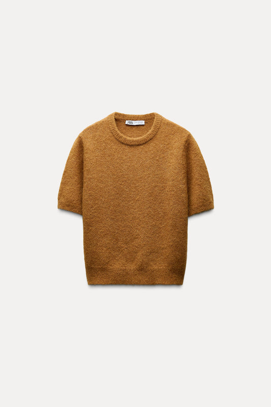 Zara Short Sleeve Fuzzy Mustard Yellow Sweater, SMALL