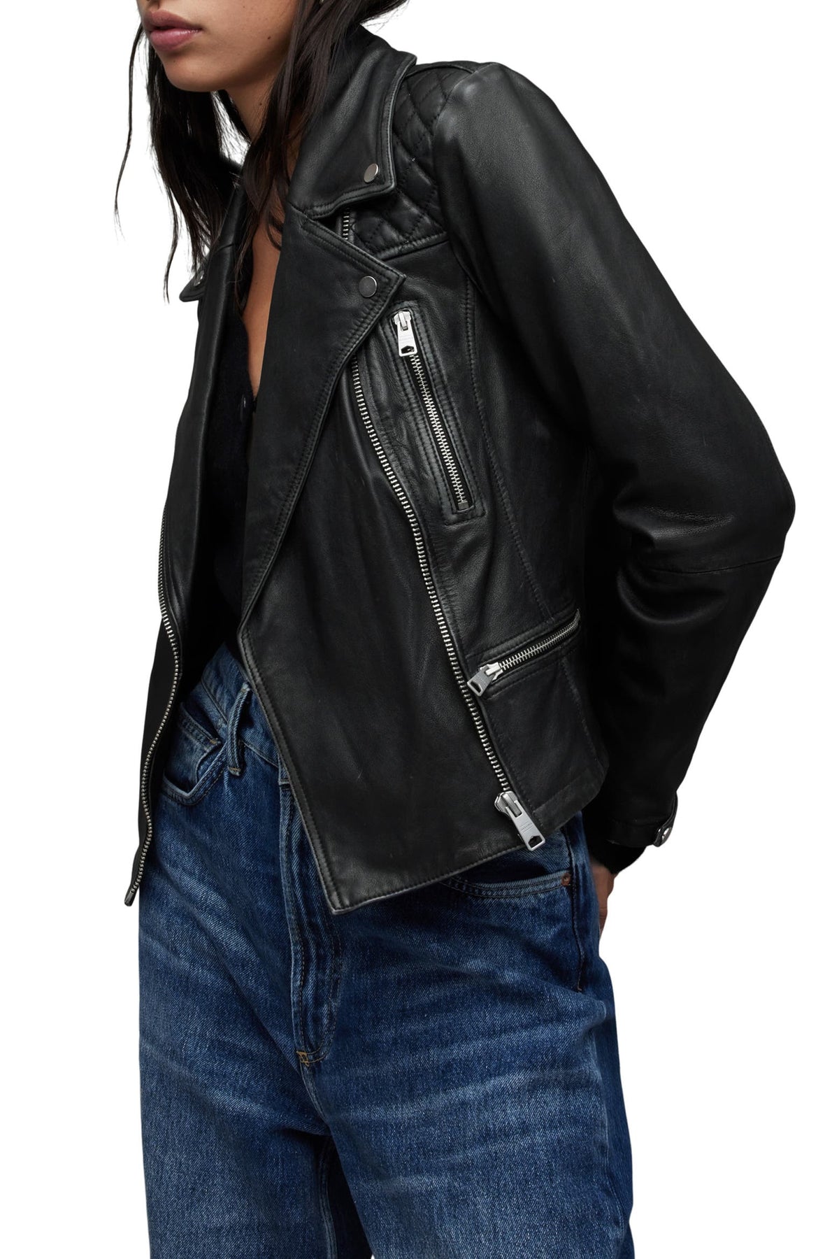All Saints Unisex Cargo Distressed Leather Biker Jacket, Men’s Small, Women’s Medium