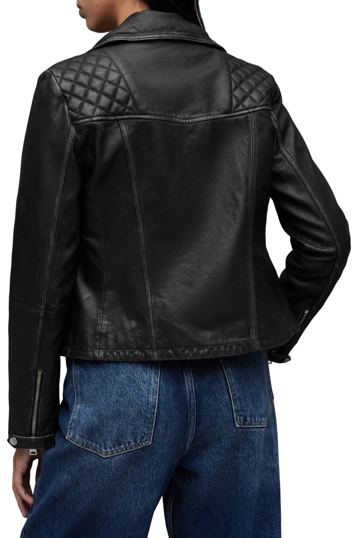 All Saints Unisex Cargo Distressed Leather Biker Jacket, Men’s Small, Women’s Medium