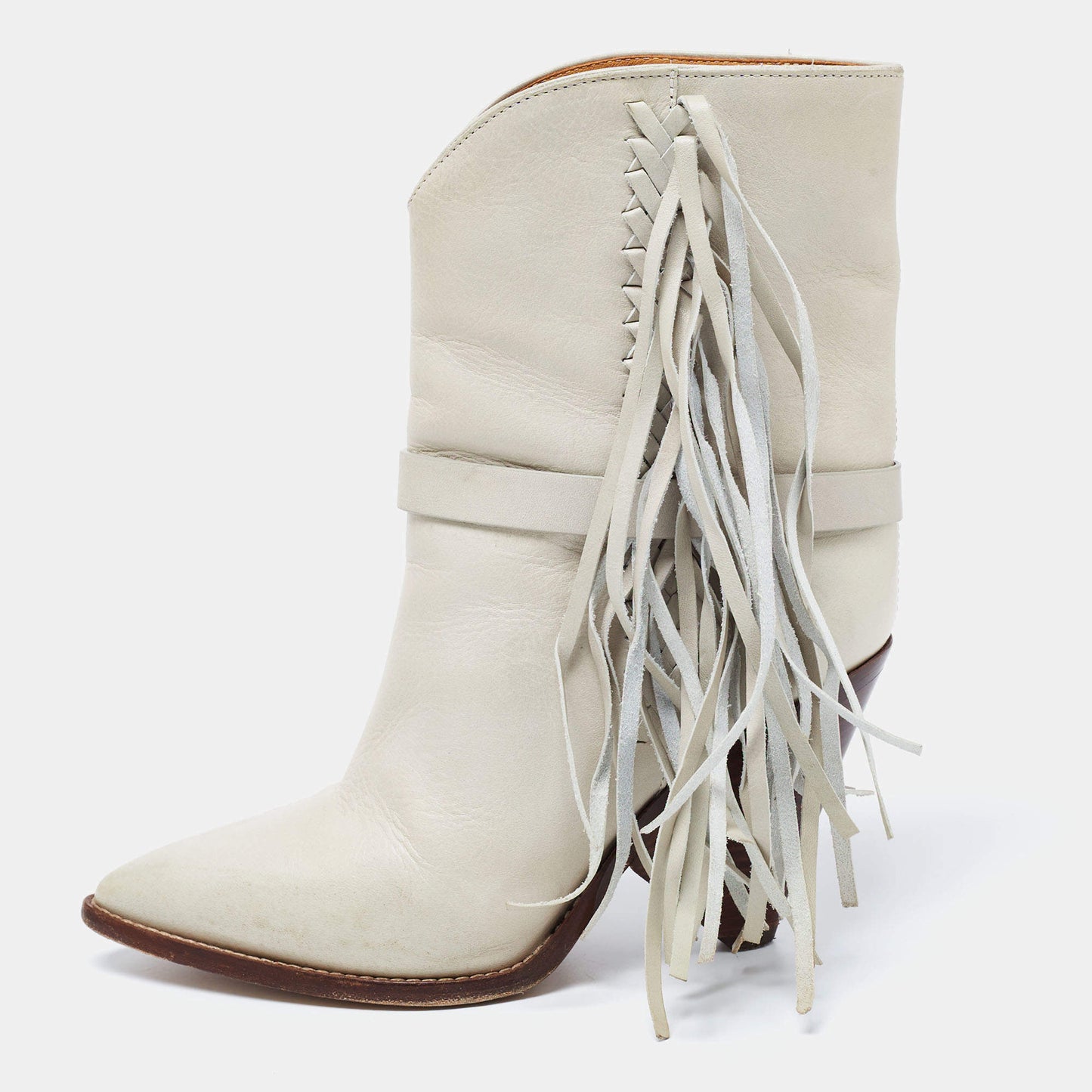 ISABEL MARANT Loffen Fringed Leather Ankle Boots In White, Size 37