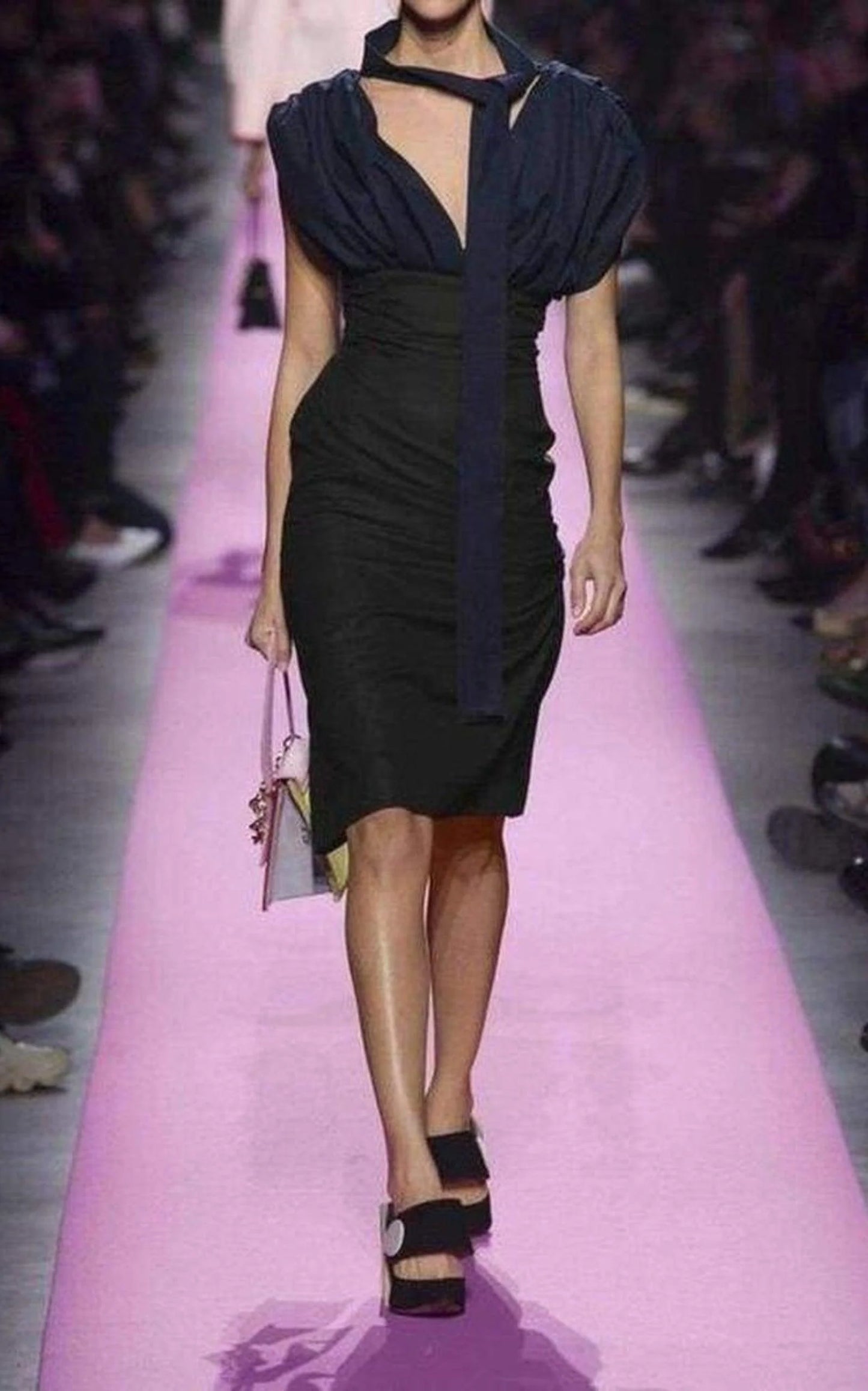 Jacquemus La Robe Madame Ribbon Detail Midi Dress in Navy Blue Wool, SIZE 40