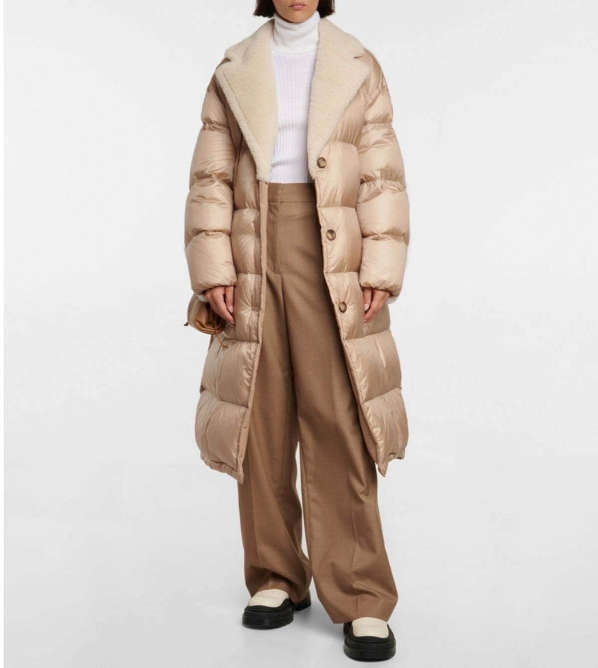 Moncler Mainline Gourguet
Belted Sheep-Trim Coat, Size 1