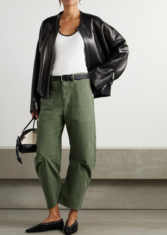 Nili Lotan Shon cotton-blend twill barrel-leg pants Green Pants, SIZE 0 (FITS OVERSIZED)  Size 28