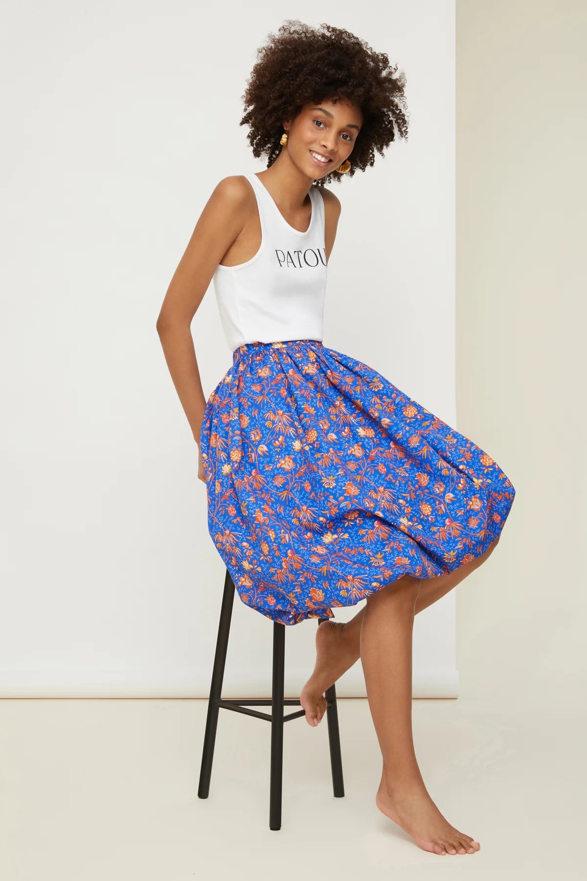PATOU Printed midi bubble skirt in organic cotton, Citrus Summer Indienne, SIZE 40
