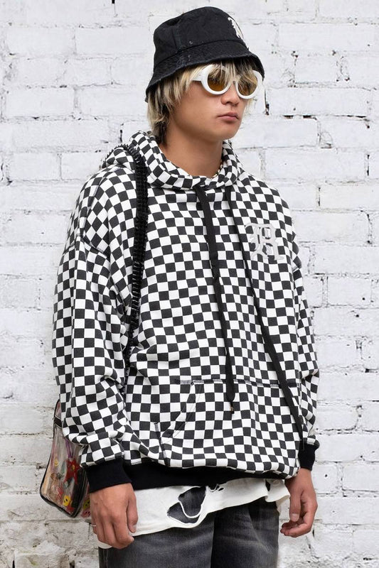 R13 Black & White Checker Logo Hoodie, Oversized Men’s Small (Unisex)