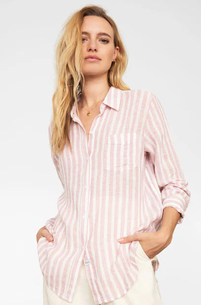 RAILS PINK WHITE STRIPED LINEN BLEND BUTTON SHIRT, SMALL