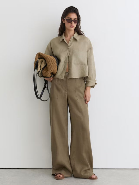 REISS NWT Ashby Linen Wide-Leg Trousers in Khaki, SIZE 6