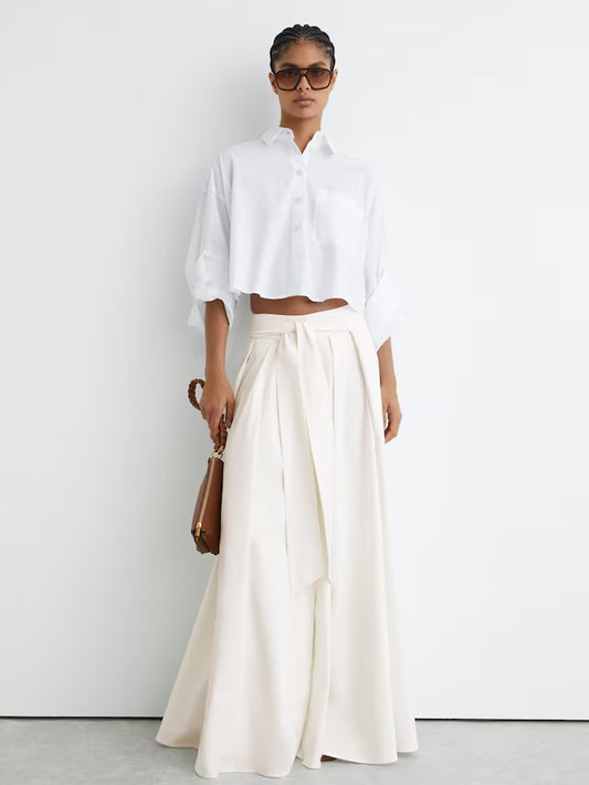 REISS NWT Simone Cotton-Blend Pleated Maxi Skirt in Ivory, SIZE 6