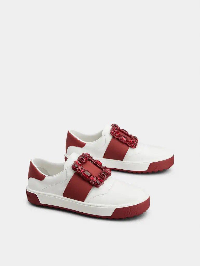Roger Vivier Viv' Golf Very Vivier Strass Buckle Sneakers in Leather (Red x White), Size 36.5