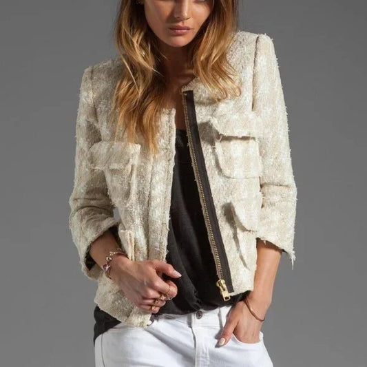 Smythe - Cream Houndstooth Woven Metallic Tweed Jacket Sz 8