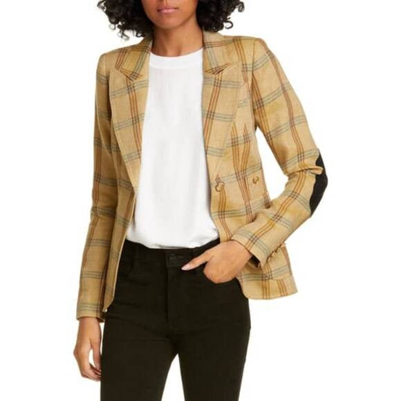 Smythe Patch Pocket Duchess Burlap Plaid Leather-Elbow-Patch Blazer, Size 6
