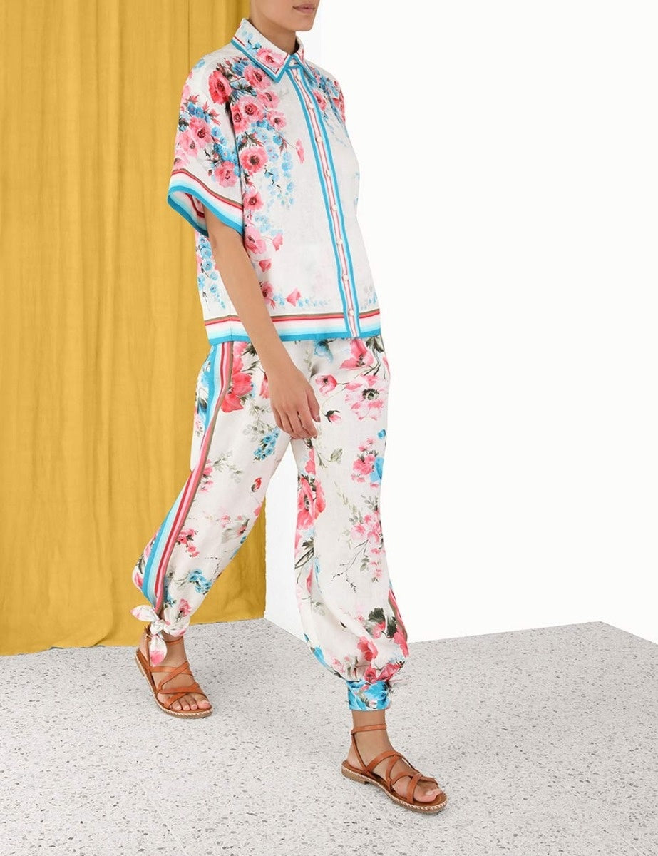 ZIMMERMANN NWT The Halcyon Oversized Shirt & Pants  in Pink/Blue Floral from our Summer Swim 2023, SIZE AUS 1 (Medium)