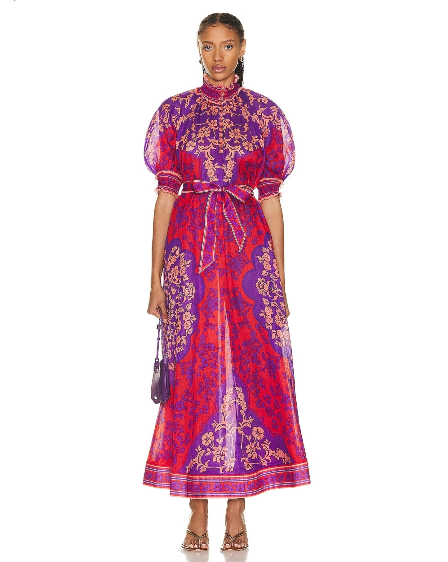 ZIMMERMANN Raie Swing Belted Printed Ramie Maxi Dress, SIZE 1