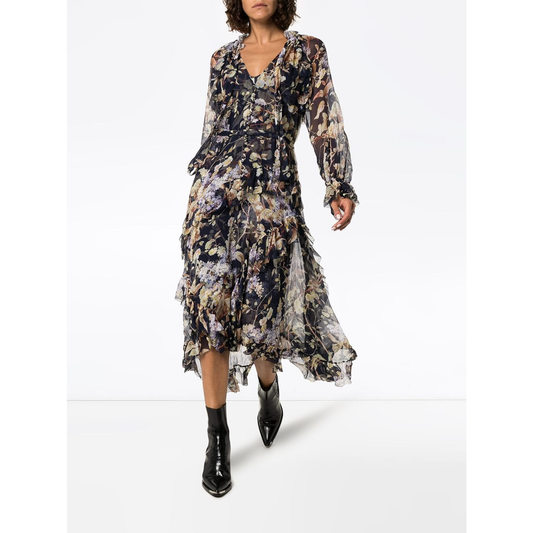Zimmermann Sabotage Ruffle Midi Dress Wisteria Midnight, SIZE 1