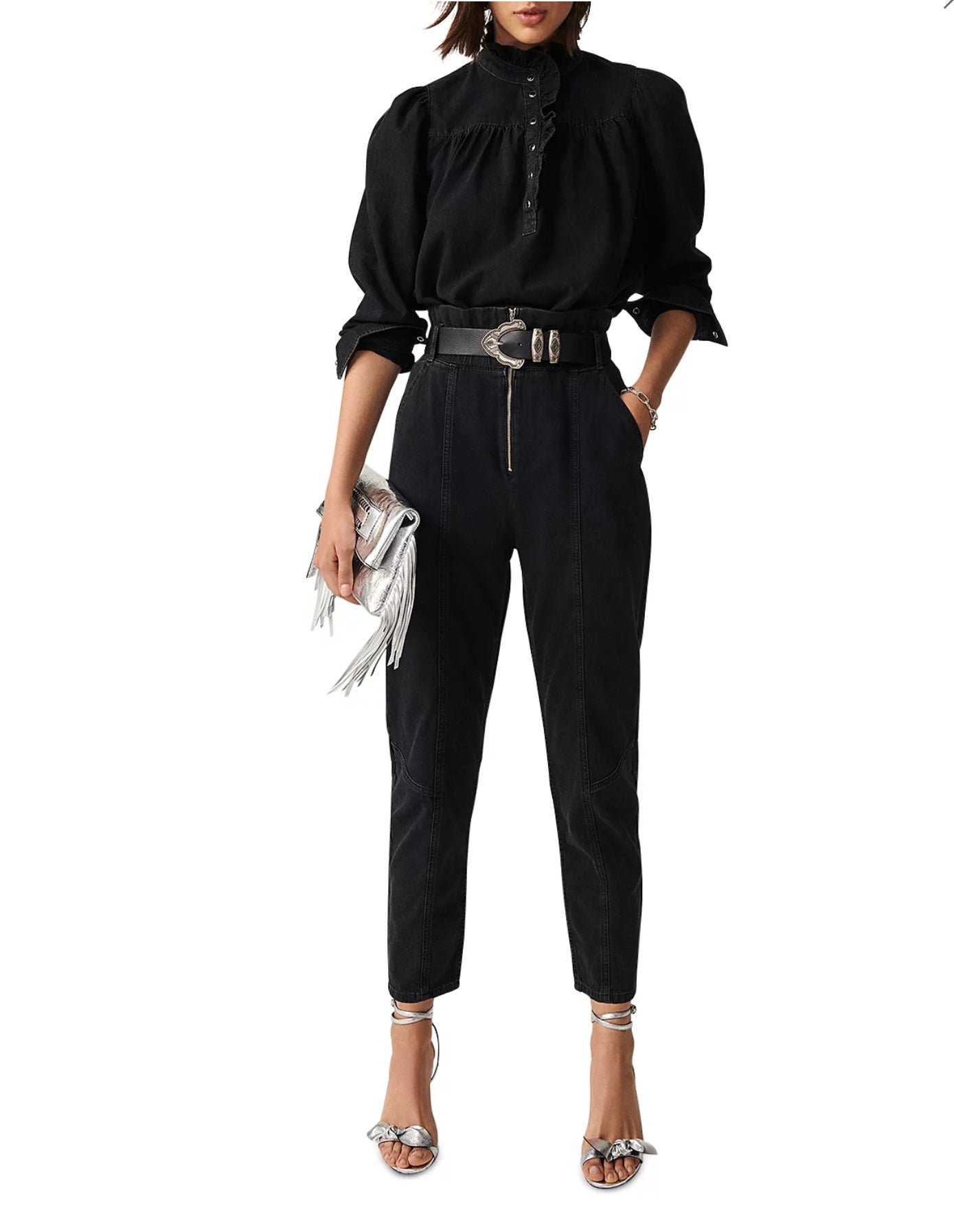 ba&sh Milac Denim Ruffle Blouse, SIZE 1 Small